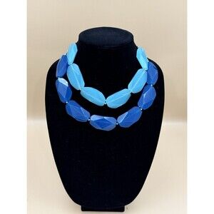 Vintage Chunky Blue Beaded Necklace – 1960s Mod Double Strand Acrylic Beads